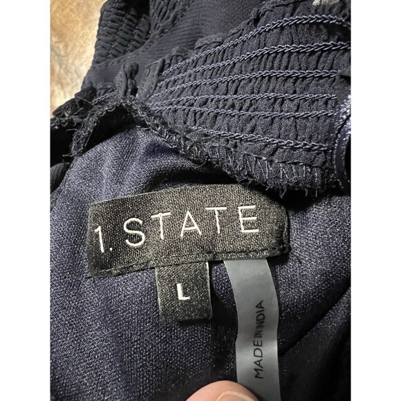 1 STATE Dress Women Large Navy Blouson Mini Ruffle Flutter Sleeve Smocked Fair - Picture 6 of 9